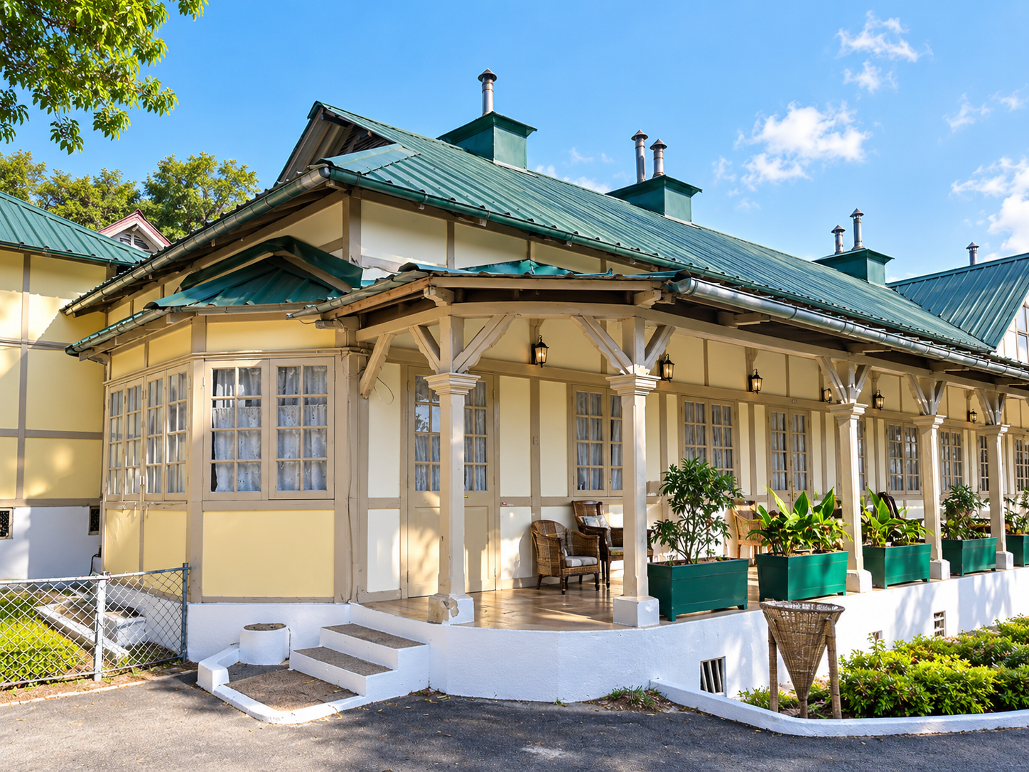 Hotel exterior and landscaped surroundings